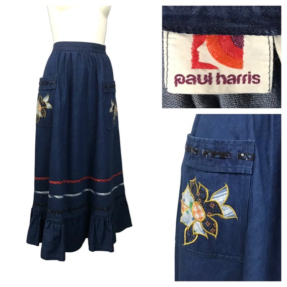 1970s Western Prairie Skirt / 70s Blue Denim Patch