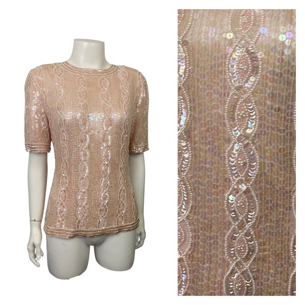 Vintage Pink Silk Beaded Blouse Top / Rina Z. Sequin Evening Blouse / Women’s Small