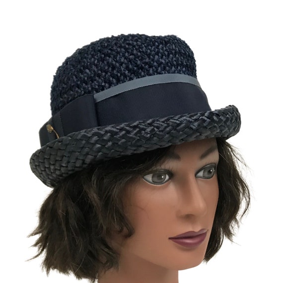 1960s Straw Hat / NOS Navy Blue Summer Pork Pie Ha