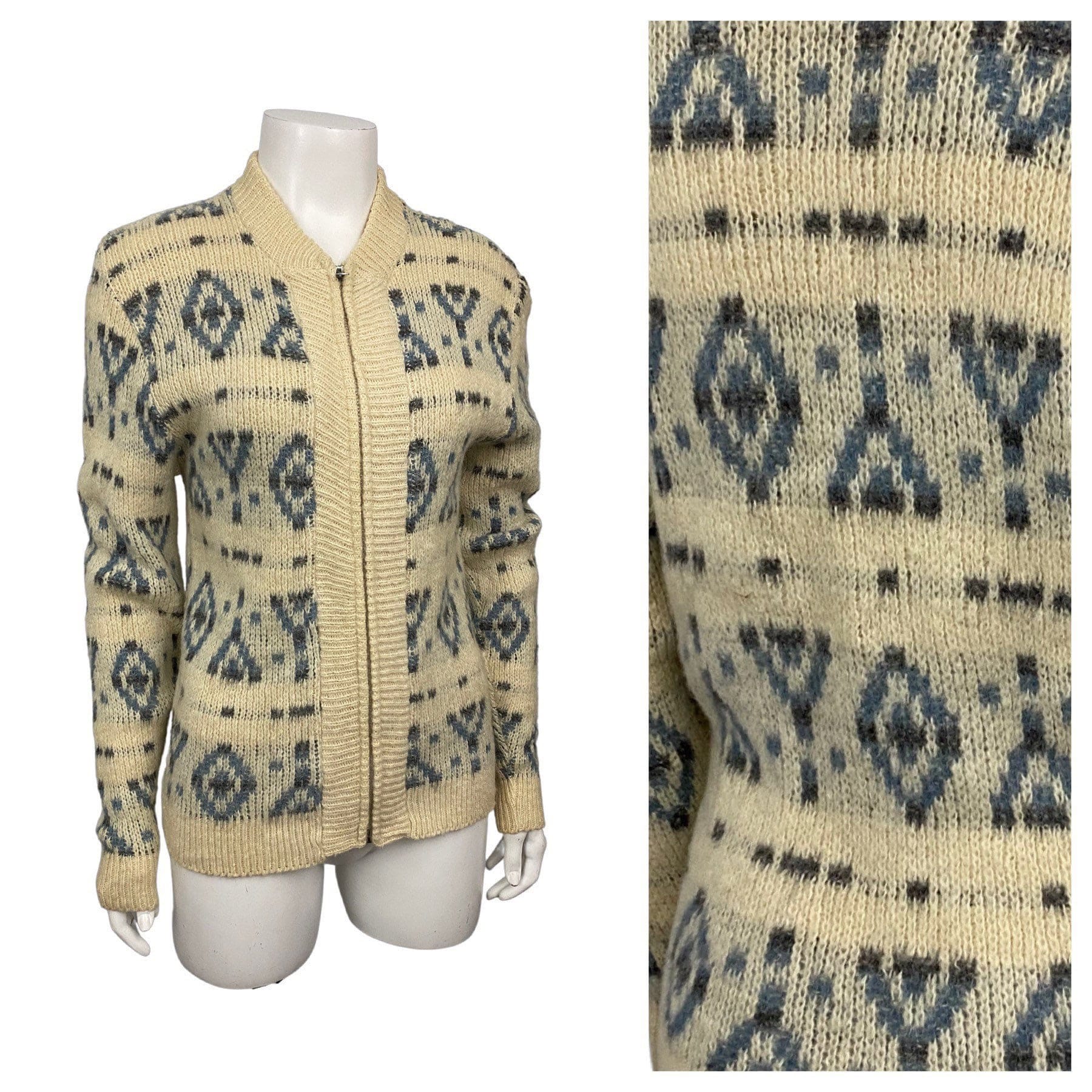 1960s Zip Up Sweater / 60s Sears Stripe Wool Mohair Cardigan Sweater Jacket  / Women’s Small