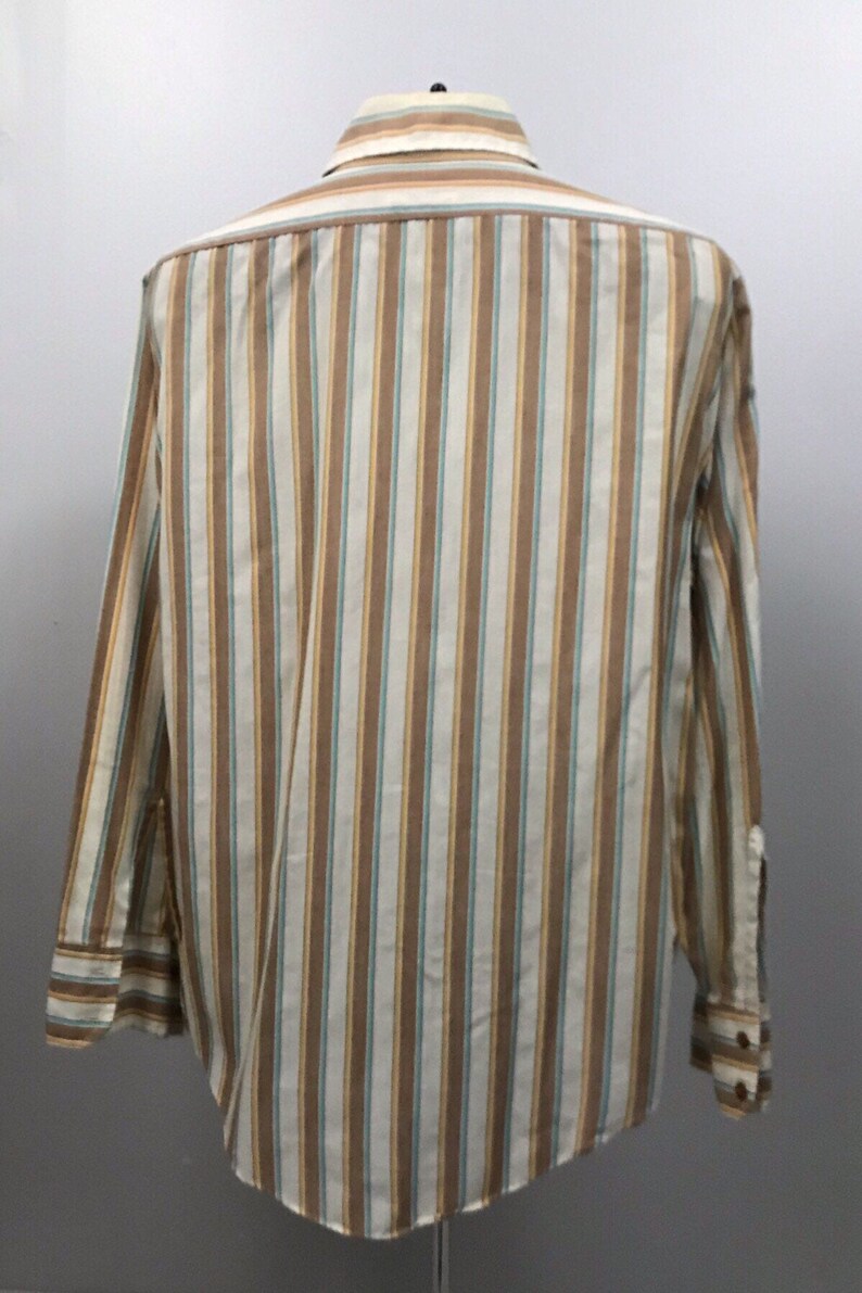 1970s Striped Button Down Shirt 70s Retro Cotton Blend Shirt Long Sleeve Men/'s ML