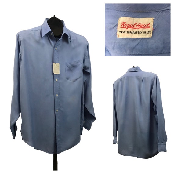 1950s Button Down Shirt / 50s NOS Baby Blue Rayon