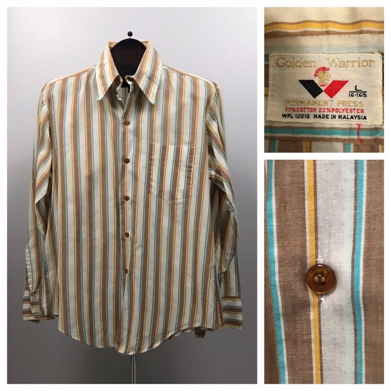 1970s Striped Button Down Shirt 70s Retro Cotton Blend Shirt Long Sleeve Men/'s ML
