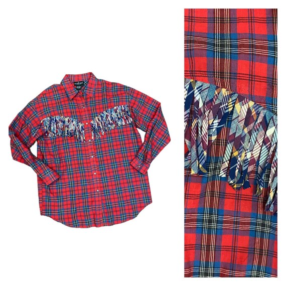 1990s Plaid Fringe Cotton Western Shirt 