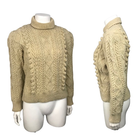 1950s Knit Fisherman Sweater / Beige Hand Knit Tur