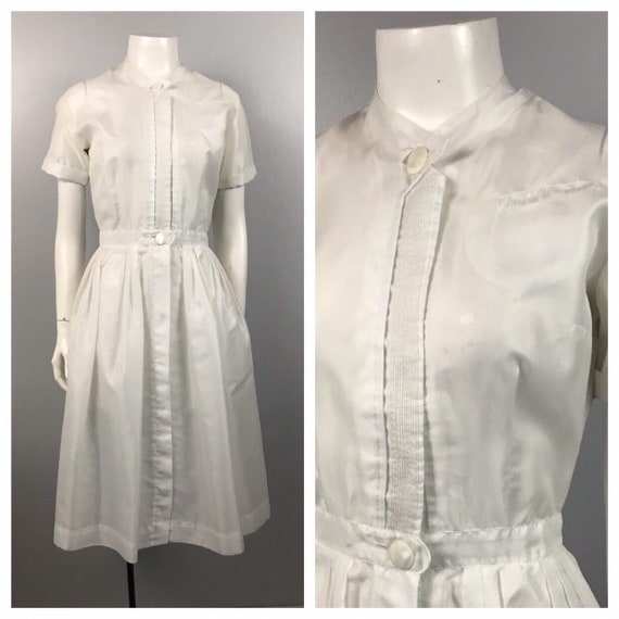 1950s Dress / 50s White Nurse Uniform Button Up Fi