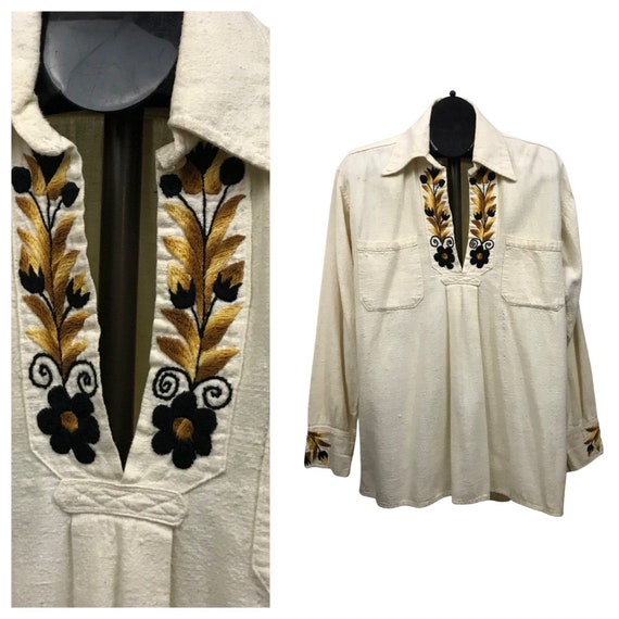 1970s Muslin Hippie Shirt / 70s Floral Embroidered