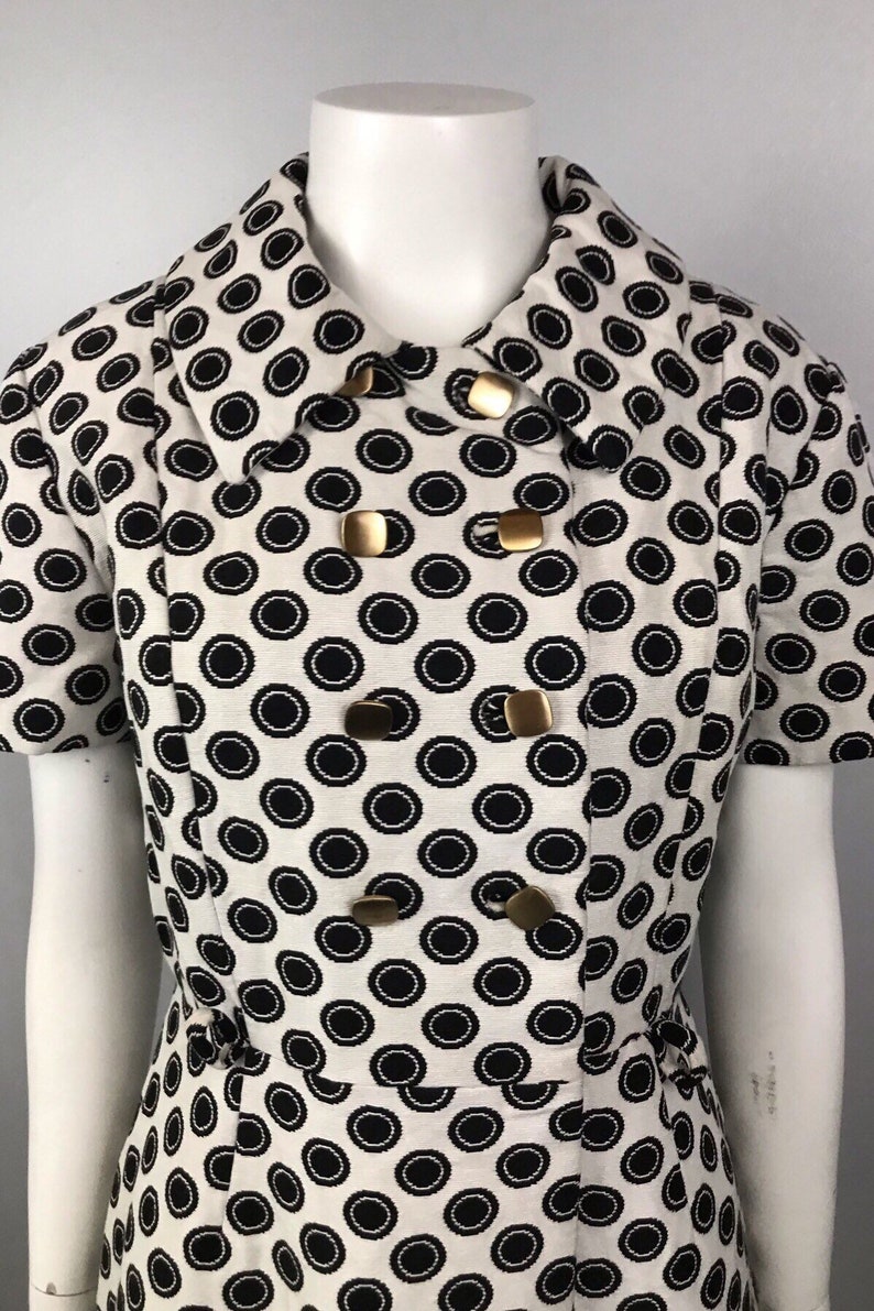 1960s Black and White Polka Dot Double Breasted Style Dress Short Sleeve Women/'s Medium 60s Mod GoGo Designer Mini Dress