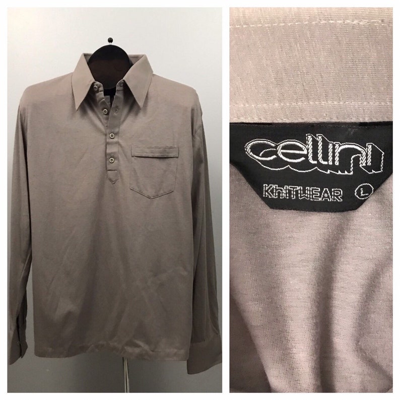 1970s Taupe Polo Shirt 70s NOS Four Button Polo Knitwear Shirt Casual Unworn Men/'s Medium