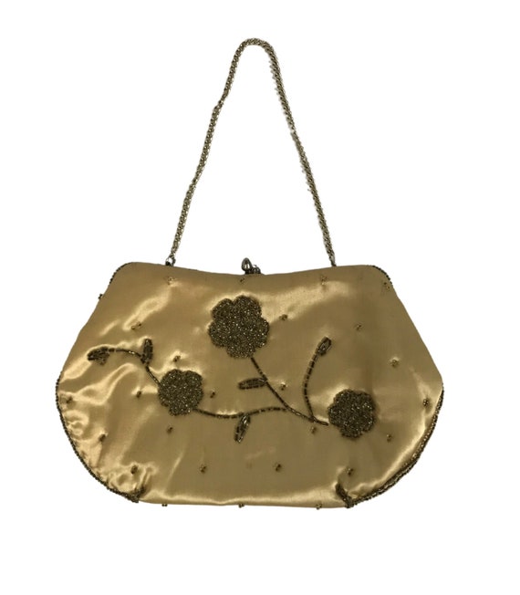 1950s Mini Beaded Handbag / Gold Floral Bead Small