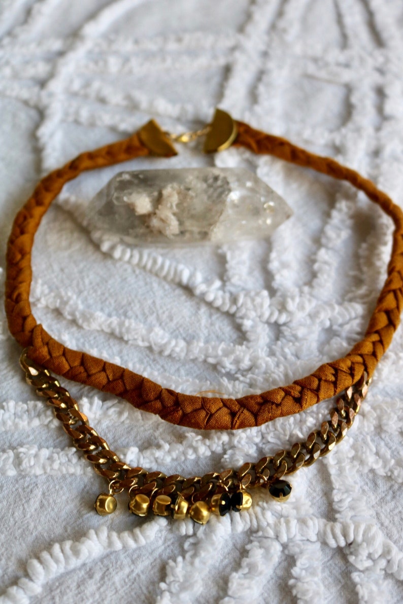 Rhinestone charms. Mustard Plaited Silk Choker Raw brass Chain