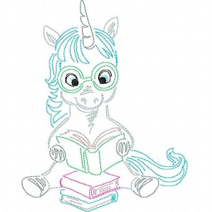 Könnte beinhalten: Ein Comic-Einhorn mit Brille sitzt mit einem Buch auf dem Schoß und einem Stapel Bücher zu seinen Füßen. Das Einhorn ist in Blau, Grün und Grau umrandet.