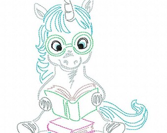 May include: A cartoon unicorn wearing glasses sits with a book in its lap and a stack of books at its feet. The unicorn is outlined in blue, green, and gray.