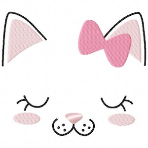 May include: A simple line drawing of a cat face with pink ears, a pink bow, closed eyes, and a pink nose.