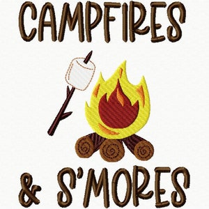 May include: Campfire and S'mores graphic design with a brown text font. The design features a yellow and red fire with a brown stick and white marshmallow on top. There are three brown logs under the fire.