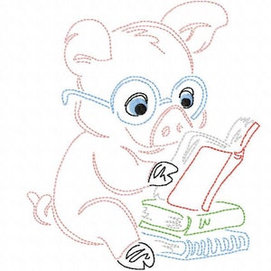 Reading Pig Farm Animal Line Art Machine Embroidery Digital Design 4X4, 5X7 and 6X10