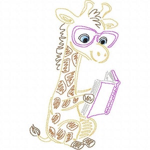Reading Giraffe Jungle Animal Line Art Machine Embroidery Digital Design 4X4, 5X7 and 6X10