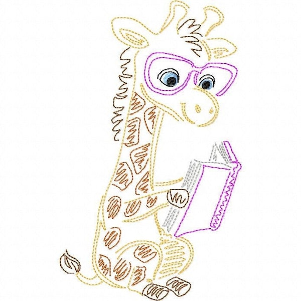 Lectura Jirafa Jungla Animal Line Art Máquina Bordado Diseño Digital 4X4, 5X7 y 6X10
