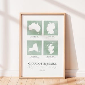 Multi Place Map Print, Wall Art Couple Gift, Engagement Gift, Wedding Present - 4 Locations, Other Colours Available