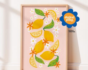 Lemons Digital Print - Dopamine Wall Art - Colourful Fun Kitchen Decor - Fruit Poster