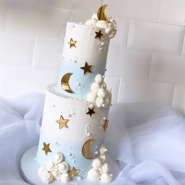 Moon and Stars Cake Charm Bundle, Mirror Acrylic Cake Topper, Christening Cake Decoration, Baby Shower Cake Topper, Birthday Cake Decor