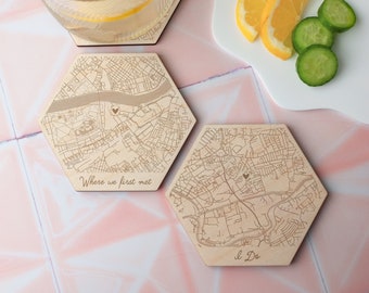Map Location Coaster Set, Engagement Wedding Gift, Anniversary, Her Birthday, His Birthday Personalised Gift, Valentines Gift, New Home Gift