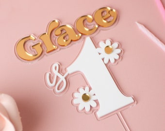 Name & Age Daisy Cake Topper, Double Layer Cake Topper, Acrylic Cake Decoration, Mirror Acrylic, Flower Party Decor, Birthday Cake Decor