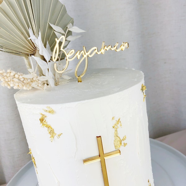 Personalised Christening or Baptism Cake Topper Bundle, Name Cake Topper and Cross Cake Charm, Christening Cross, Cake Decor