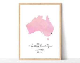 Personalised Engagement Gift, Engagement Map Print, Destination Travel Map, Watercolour Wedding Map, Wedding Gift, Australia Map Print