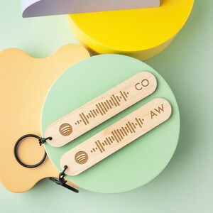 May include: Two wooden keychains featuring a Spotify logo and a barcode design. The keychains are engraved with the initials "CO" and "AW".