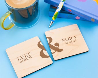Personalised Name and Date Couples Coaster Set, Valentines Gift, His & Hers Coasters, Couples Gift, Gift for Her, Gift for Him