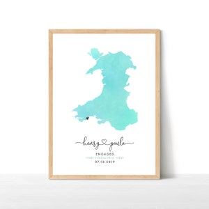 Impression de carte de fiançailles du Pays de Galles, carte de mariage aquarelle, cadeau de fiançailles personnalisé, carte de voyage, cadeau de mariage, impression de carte du Pays de Galles