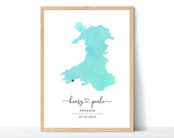 Wales Engagement Map Print, Watercolour Wedding Map, Personalised Engagement Gift, Travel Map, Wedding Gift, Wales Map Print