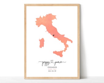 Engagement Map Print, Destination Travel Map, Personalised Engagement Gift, Watercolour Wedding Map, Wedding Gift, Italy Map Print