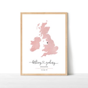 Engagement Map Print, Personalised Engagement Gift, Destination Travel Map, Watercolour Wedding Map, Wedding Gift, UK Map Print