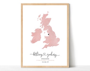 Engagement Map Print, Personalised Engagement Gift, Destination Travel Map, Watercolour Wedding Map, Wedding Gift, UK Map Print