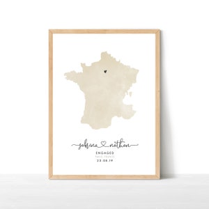 Carte de voyage de destination, cadeau de fiançailles personnalisé, impression de carte de fiançailles, carte de mariage aquarelle, cadeau de mariage, impression de carte de France