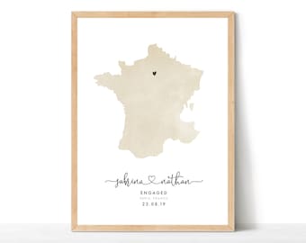 Destination Travel Map, Personalised Engagement Gift, Engagement Map Print, Watercolour Wedding Map, Wedding Gift, France Map Print