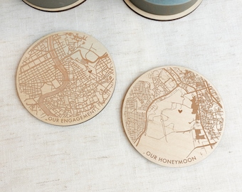 Map Location Round Coaster Set, Engagement Wedding Gift, Anniversary, Her or His Birthday, Personalised Gift, Valentines Gift, New Home Gift