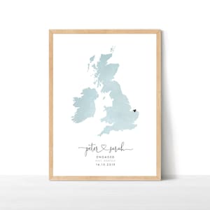 Impression de carte de fiançailles du Royaume-Uni, cadeau de fiançailles personnalisé, carte de voyage à destination, carte de mariage aquarelle, cadeau de mariage, carte du Royaume-Uni, cadeau de couple