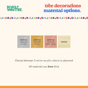 Puede incluir: Imagen que muestra opciones de materiales para decoraciones de &aacute;rboles. Incluye acr&iacute;lico espejo plateado, dorado y oro rosa, y madera. El texto dice: "Elige entre 3 colores de acr&iacute;lico espejo o contrachapado. Todos los materiales tienen 3 mm de grosor."