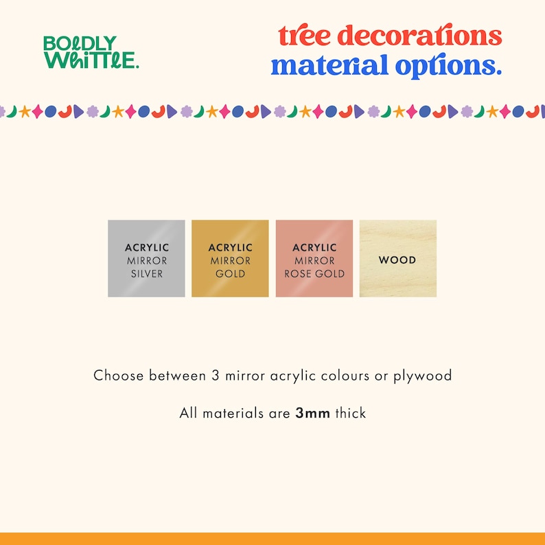 Puede incluir: Imagen que muestra opciones de materiales para decoraciones de &aacute;rboles. Incluye acr&iacute;lico espejo plateado, dorado y oro rosa, y madera. El texto dice: "Elige entre 3 colores de acr&iacute;lico espejo o contrachapado. Todos los materiales tienen 3 mm de grosor."