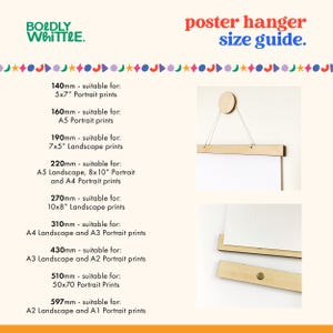 May include: A size guide for a poster hanger, showing different sizes and the corresponding print sizes they are suitable for. The guide includes measurements in millimeters and inches. The poster hanger is made of wood and has a simple design.