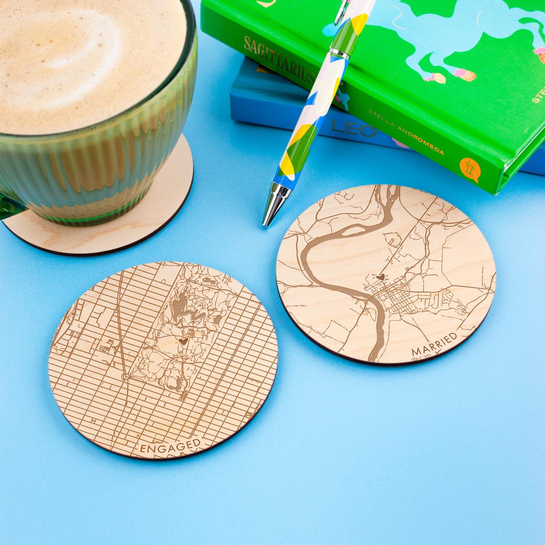 Round Map Coaster Map Location Round Coaster Set, Personalised Engagement Present, Wooden ...