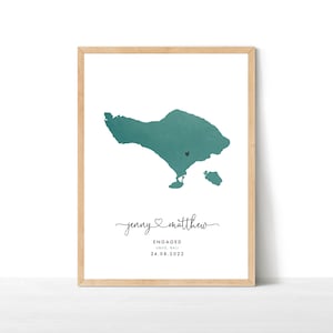 Impression de carte de fiançailles n'importe quel lieu, carte de voyage à destination, cadeau de fiançailles personnalisé, carte de mariage aquarelle, cadeau de mariage, impression de carte de Bali