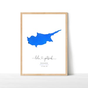Impression de carte de fiançailles, cadeau de fiançailles personnalisé, carte de voyage à destination, carte de mariage aquarelle, cadeau de mariage, impression de carte de Chypre