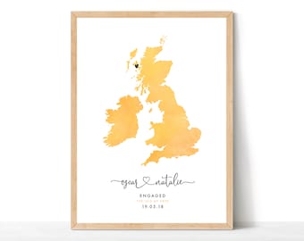 Wedding Map Print, Engagement Map Print, Personalised Engagement Gift, Destination Travel Map, Watercolour Wedding Map, Wedding Gift, UK Map