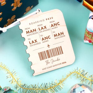 May include: Wooden boarding pass-shaped ornament with the text "BOARDING PASS" and flight details from Manchester to Los Angeles and Alaska. The ornament includes the text "The Jacobs West Coast Adventure 2026".