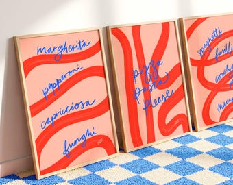 Pizza Pasta Wall Art 3 Print Set - Fun Kitchen Decor, Bold Poster Prints A5 A4 A3