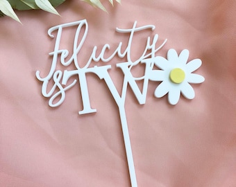 Personalised Daisy 2nd Birthday Cake Topper, Name Cake Topper, Acrylic Cake Decoration, 1st Flower Party Decor, Second Birthday Cake Decor